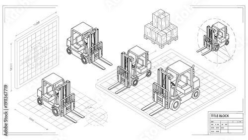 Isometric blueprint design featuring forklifts and crates for