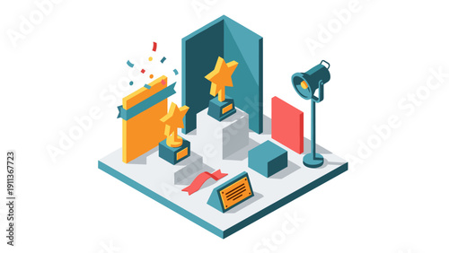 Isometric awards ceremony concept with trophies and spotlights