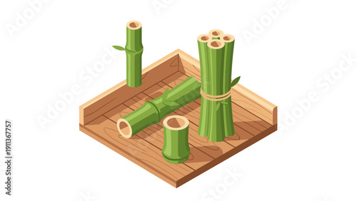 Isometric green bamboo stems in wooden tray on white background