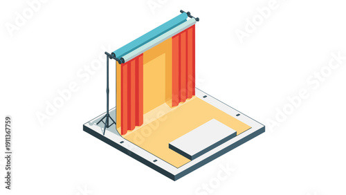 Isometric theater stage with red curtains and spotlight equipment in