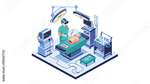 Isometric virtual reality surgery scene with doctor and medical