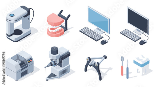 Dental office equipment in isometric style: computer, 3d printer