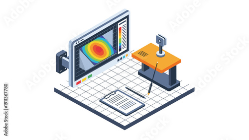 Isometric scientific workspace with 3d modeling and analysis tools