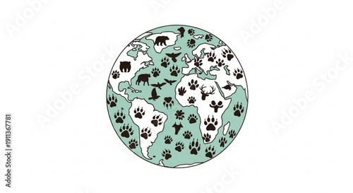 Global wildlife conservation concept with animal footprints and silhouettes on earth