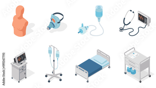 Isometric medical equipment set with hospital bed and monitoring