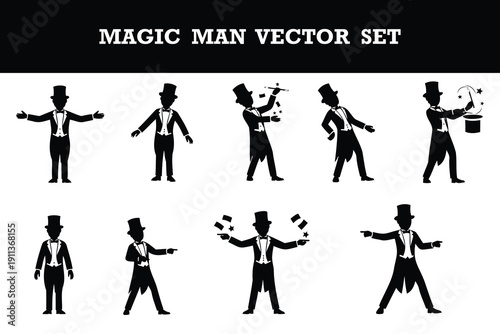 Collection of stylish magic man silhouette vector illustrations performing tricks and gestures isolated on transparent background perfect for magic show posters and designs