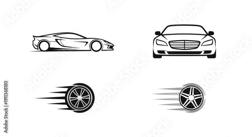 Set of car icons and wheels in motion.