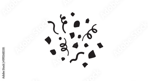 Confetti Fragments in Chaotic Dispersion with Black Silhouette on White Background for Party Decoration