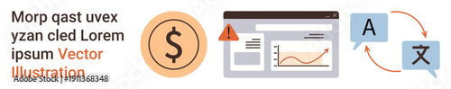 Financial analytics, translation tools, global communication, web navigation, economic reports, business management. A financial icon, a website dashboard and language translation symbols. Financial