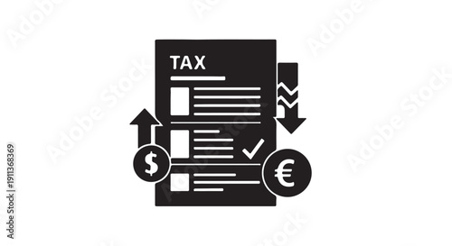 Tax document with dollar and euro symbols in simple flat design on black background for financial illustration