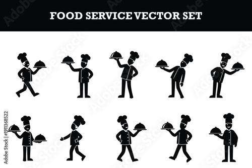Collection of stylized food service vector icons featuring chefs and waiters holding trays isolated design