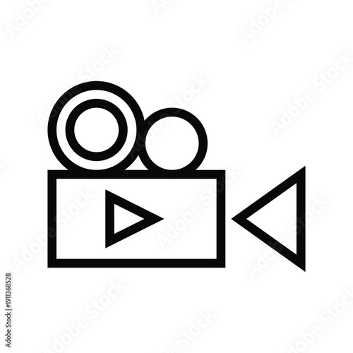 A minimalist black and white line drawing representing a classic film camera with a play button symbol. Movie and Cinema Single Line Icon.