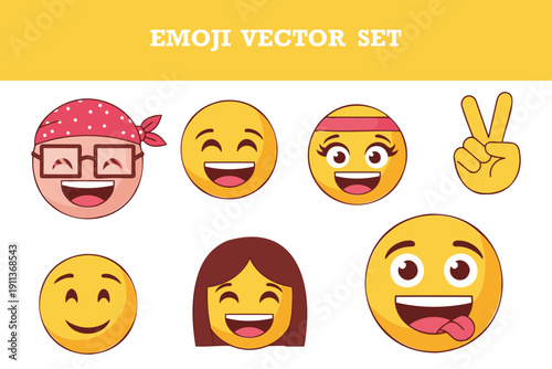 Colorful emoji vector set featuring happy smiling faces and cheerful expressions with accessories and gestures