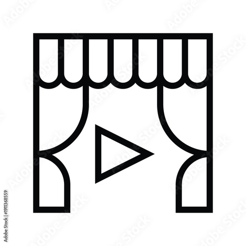 A simple line art icon featuring a play button symbol centered within a stage setting, complete with curtains and a valance. Movie and Cinema Single Line Icon.