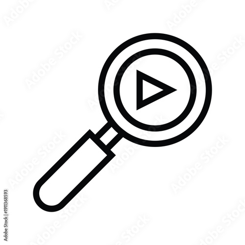 A simple line art icon of a magnifying glass with a play button symbol inside the lens. Movie and Cinema Single Line Icon.