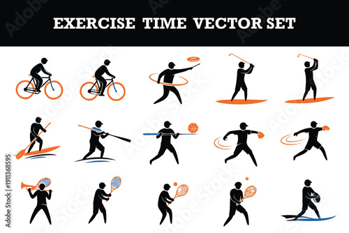 Colorful exercise and sports vector icon set featuring cycling tennis baseball frisbee and more activities isolated