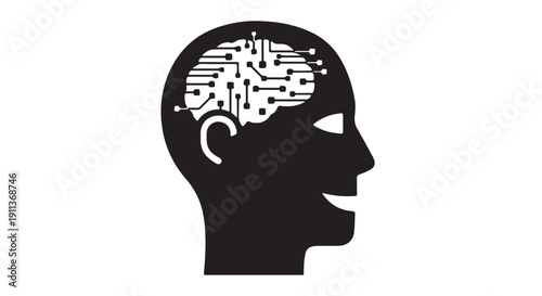 Human Head Silhouette with Circuit Board Brain in Minimalist Style with High Contrast Lighting on White Background for Technology