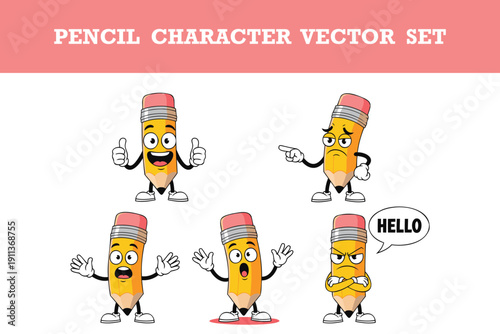 Cute and expressive cartoon pencil character vector set with various emotions and poses for creative projects