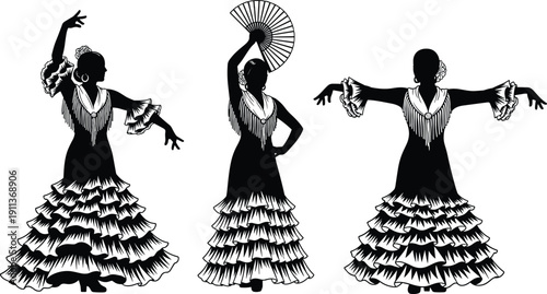 Flamenco dancer silhouette set with fan and traditional ruffled dress isolated on white background vector illustration