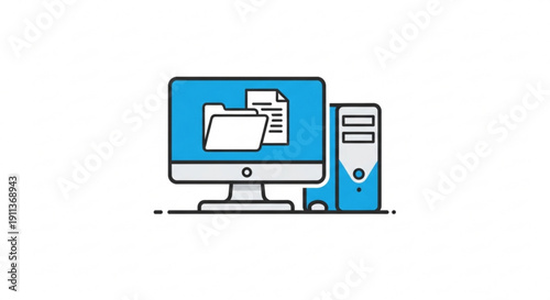 Computer monitor and tower with documents on screen symbolizing digital filing and data management