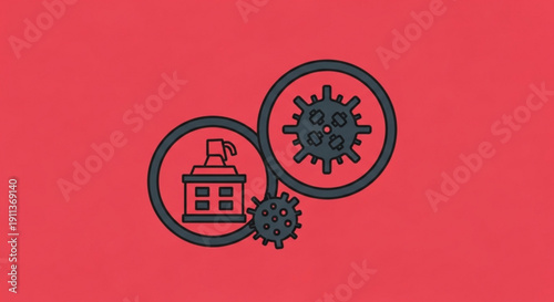 Hand sanitizer dispenser and virus icons linked together against red background symbolizing hygiene and germs