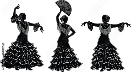 Flamenco dancer silhouettes with traditional Spanish dress and fan isolated on white background cultural vector illustration set
