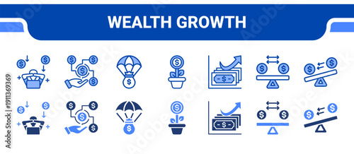 Wealth Growth Icon Collection,  featuring Passive Income, Income, Fund, Return On Investment, Finance, Balance, Liquidity.