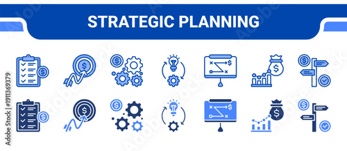 Strategic Planning Icon Collection,  featuring Planning, Target, Management, Solution, Presentation, Analytics, Financial Guide.