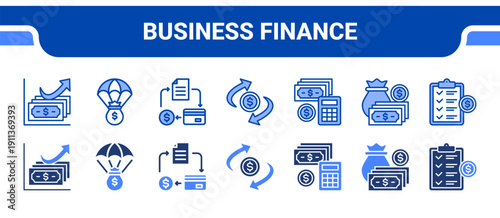 Business Finance Icon Collection,  featuring Finance, Fund, Credit, Cash Flow, Cost, Budget, Planning.