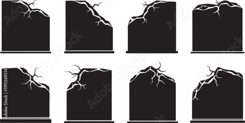 Cracked black stone slabs with lightning effects on white