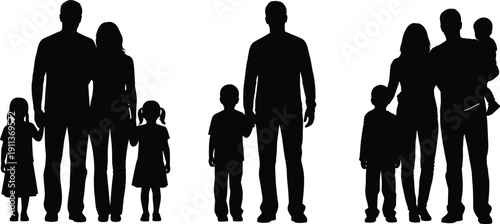 Family silhouettes with parents and children in different poses isolated on white background black vector illustration collection