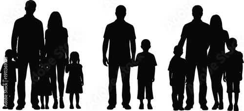 Family silhouette collection with parents and multiple children standing together isolated on white background vector illustration set