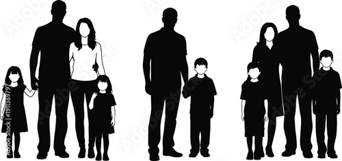 Family silhouettes with parents and children standing together isolated on white background black and white vector illustration