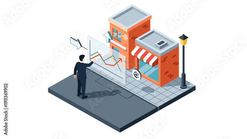 Businessman analyzing data in isometric street scene with storefront