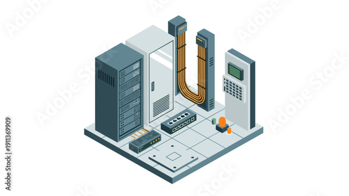 Modern isometric data center infrastructure diagram with server racks