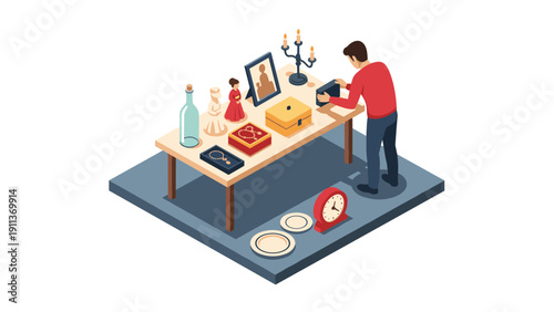 Isometric home office scene with man organizing desk items and