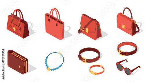 Stylish isometric fashion accessories collection with bags, belts
