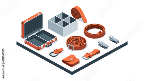 Isometric accessories collection: stylish belts, compact suitcase