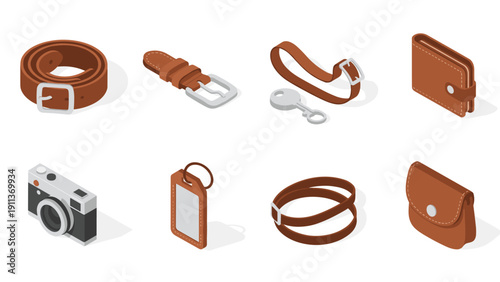 Stylish accessories collection: belts, wallets, camera, tags, and