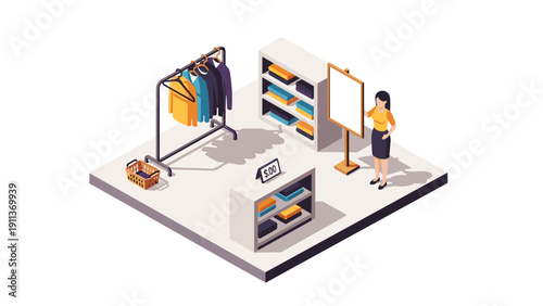 Isometric fashion boutique display with clothes racks and female