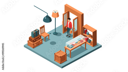 Minimalist isometric room with modern furniture and decor elements
