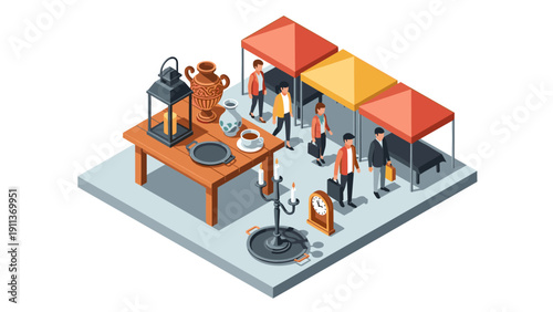 Isometric flea market scene with antique items and shoppers