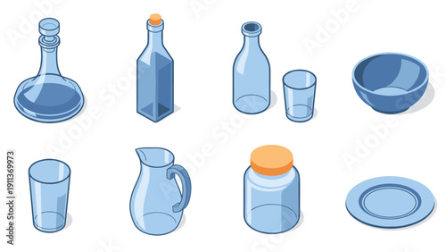 Isometric glassware set: decanter, bottles, bowl, and more in blue