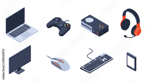 Isometric technology devices set: laptop, game controller, and