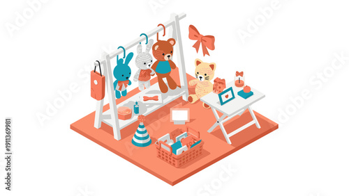 Isometric toy room with plush animals and playful accessories for