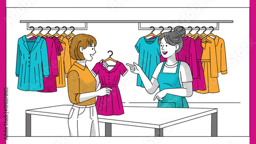 Boutique shopping experience with saleswoman assisting customer in
