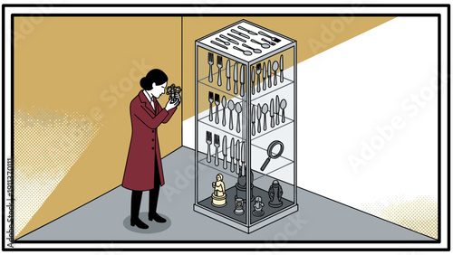 Museum exhibit visitor with antique display cabinet in monochrome