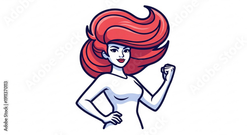 Confident woman with flowing red hair flexing her arm