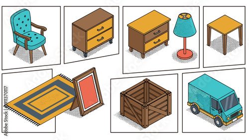 Isometric retro pop art furniture and objects collection with comic