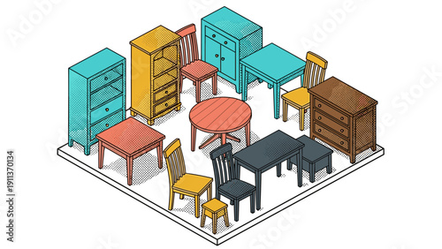 Colorful pop art isometric furniture collection with chairs and tables